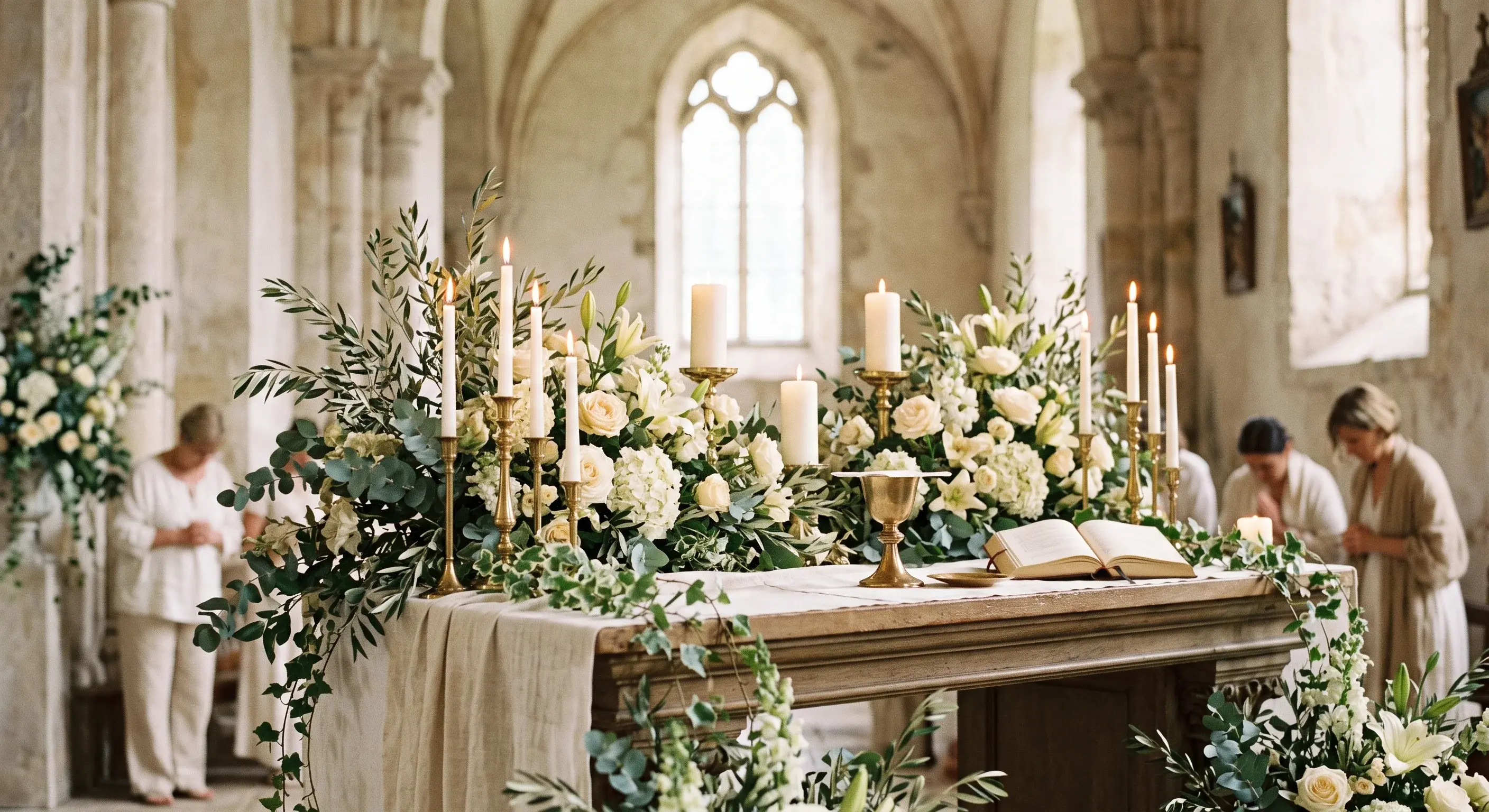 AI-generated design visualization of an ivory and foliage altar arrangement with candles inside a church.