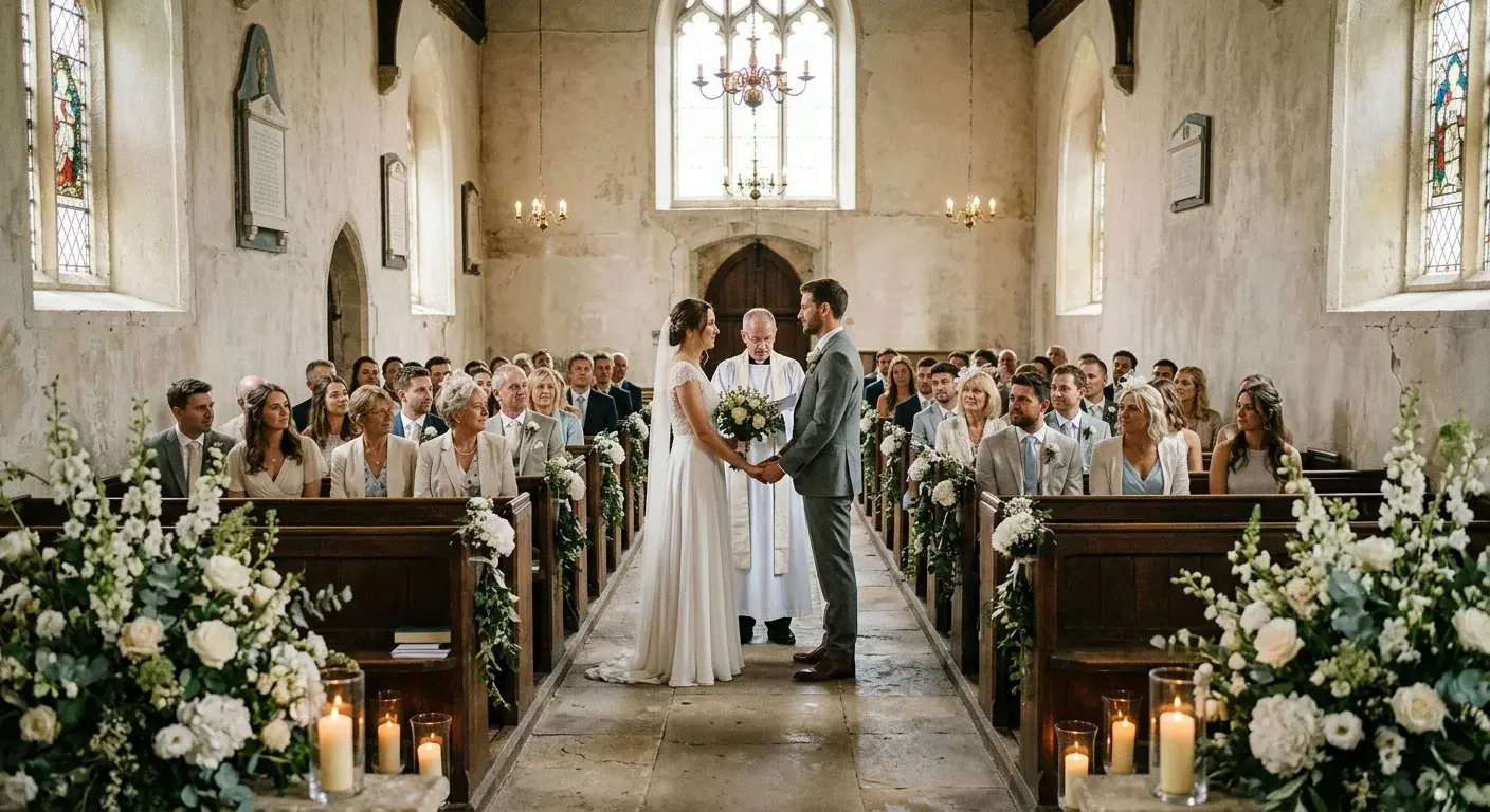 AI-generated design visualization of a church wedding ceremony with aisle florals, candles, and white arrangements.